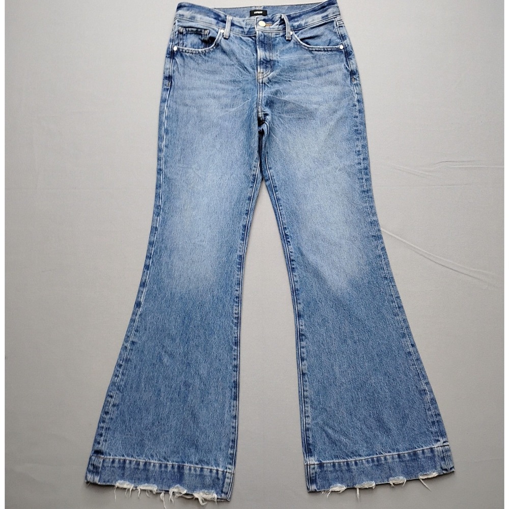 Express 70s Flare Mid Rise Jeans Medium Wash Raw Hem Womens Size 2R